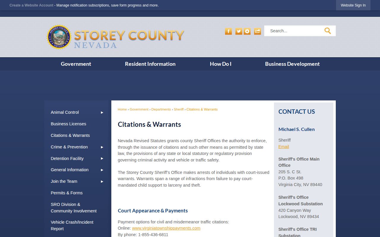 Storey County Citations and Warrants official guidance page