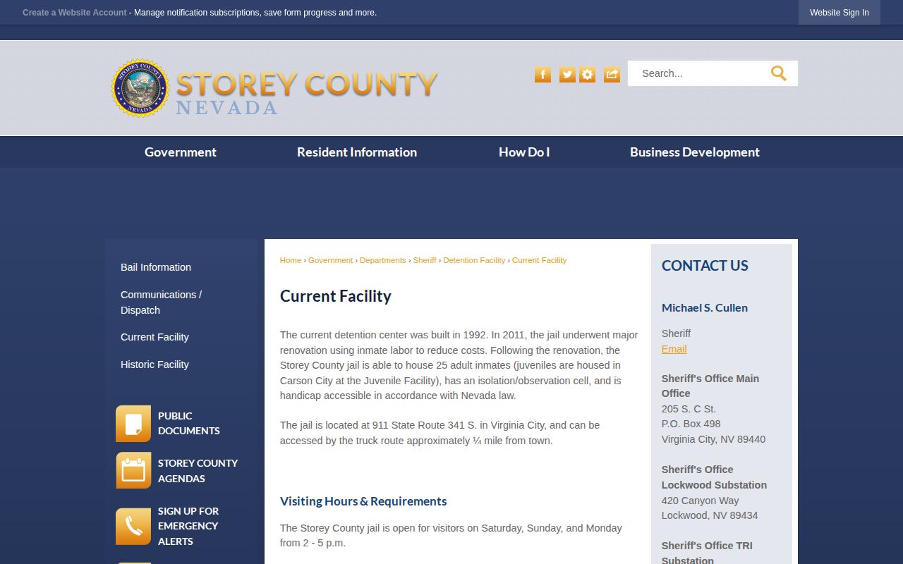 Storey County Detention Center current facility information for booking-record access